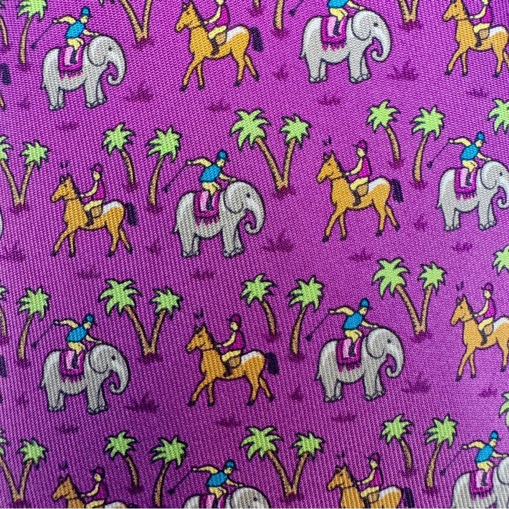 Authentic HERMES Paris Silk Tie Purple Elephant Jockeys Safari Vintage 5416 OA